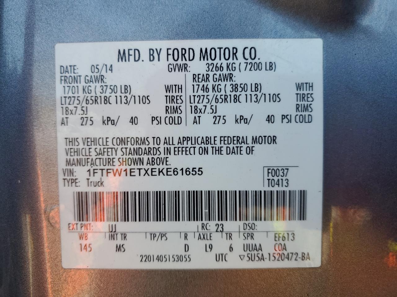 2014 Ford F150 Supercrew VIN: 1FTFW1ETXEKE61655 Lot: 85599615