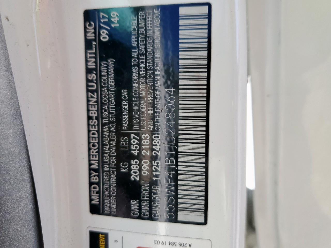 2018 Mercedes-Benz C 300 VIN: 55SWF4JB1JU248064 Lot: 82785145