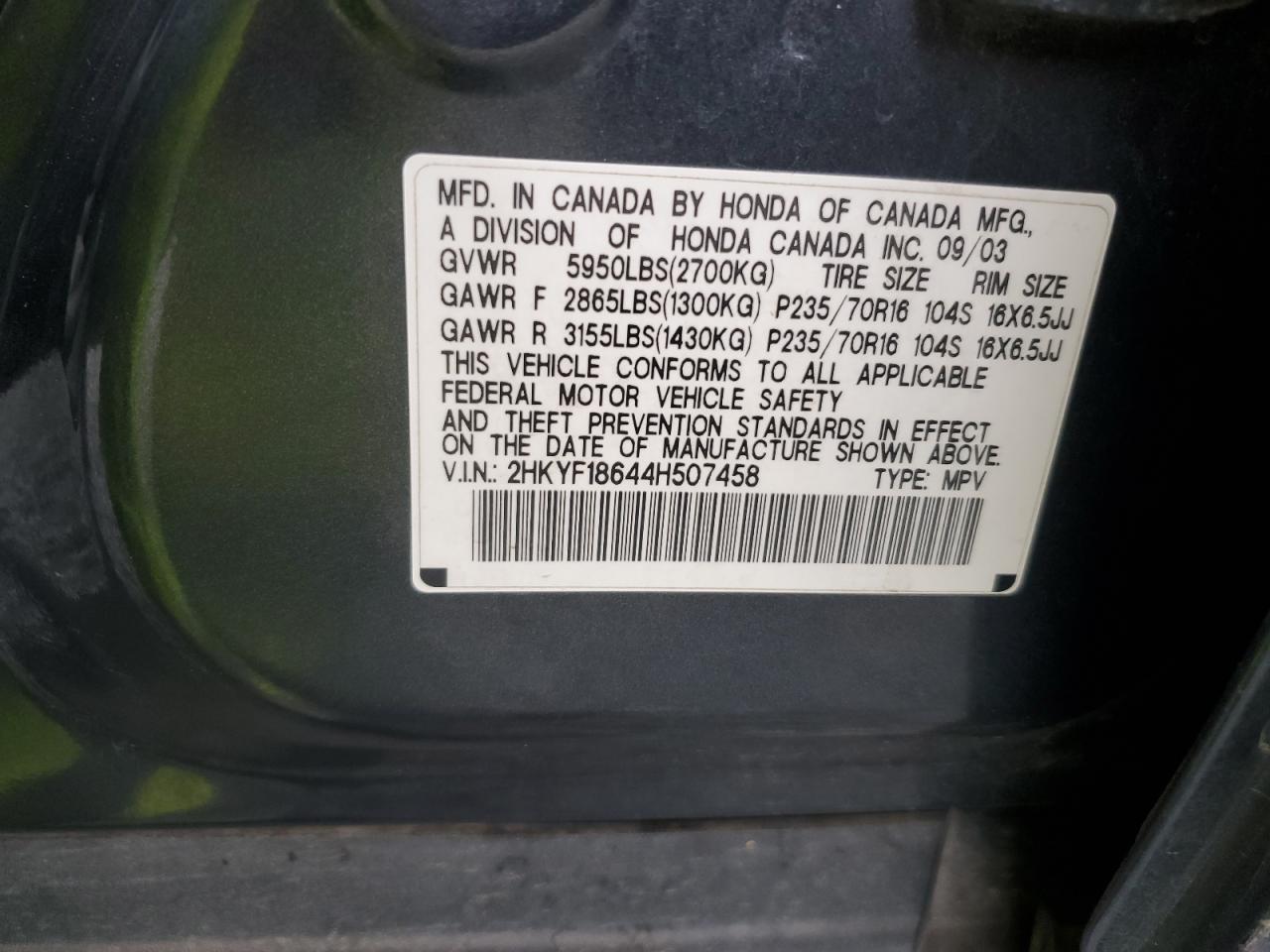 2004 Honda Pilot Exl VIN: 2HKYF18644H507458 Lot: 89668945