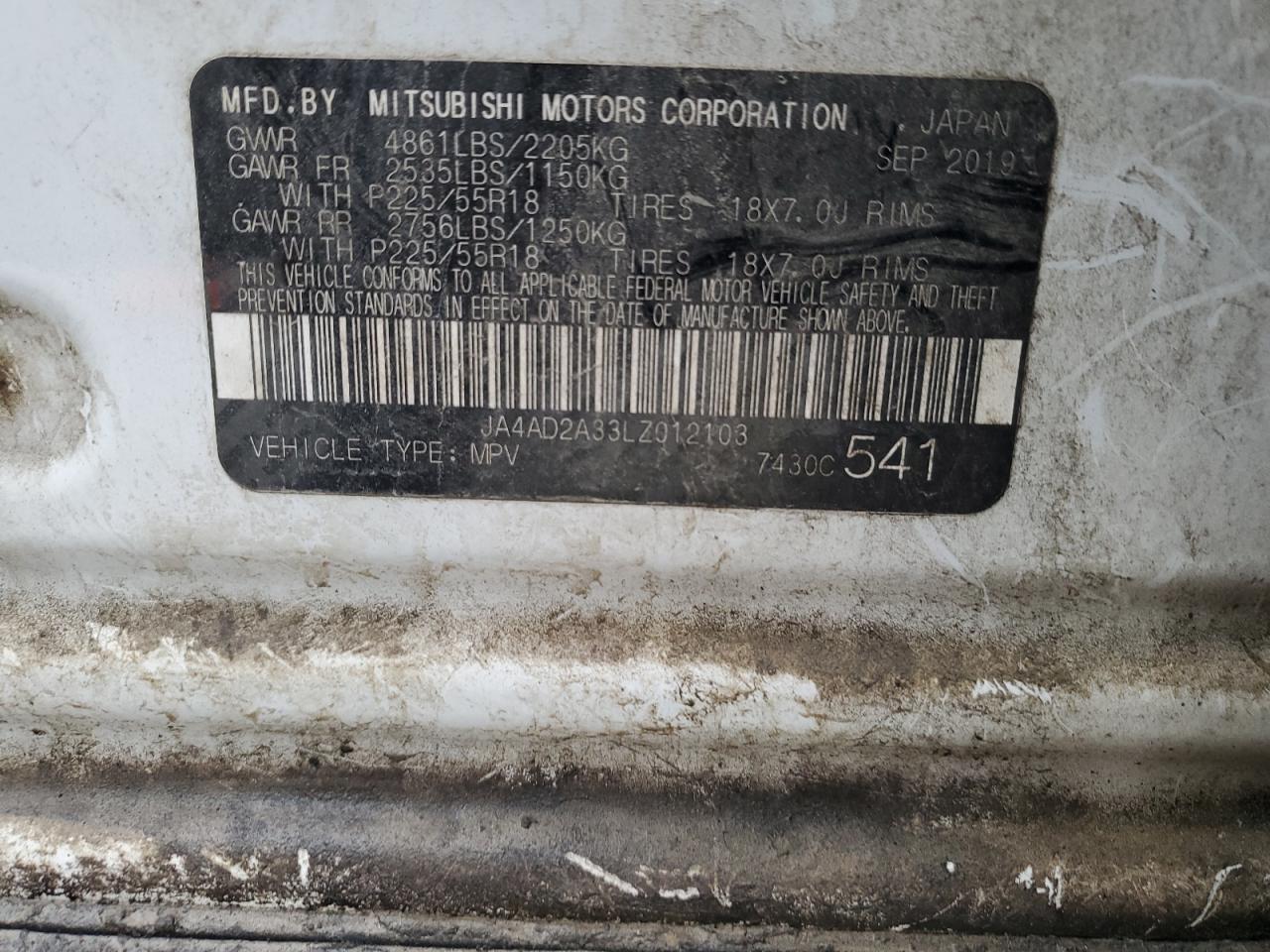 2020 Mitsubishi Outlander Es VIN: JA4AD2A33LZ012103 Lot: 89495655