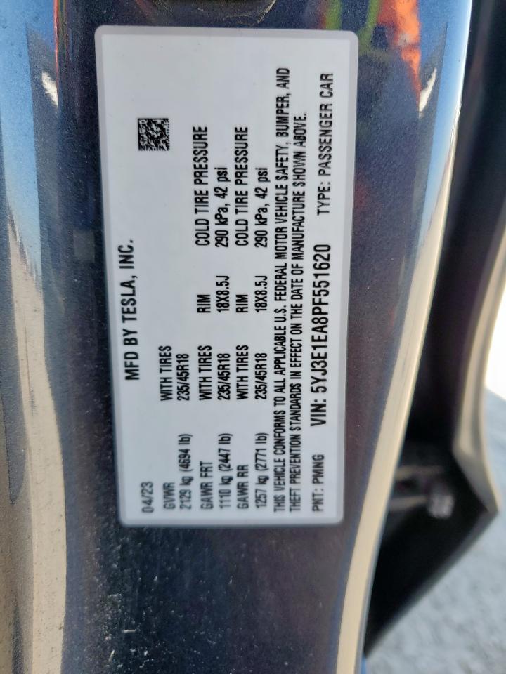 2023 Tesla Model 3 VIN: 5YJ3E1EA8PF551620 Lot: 82213755