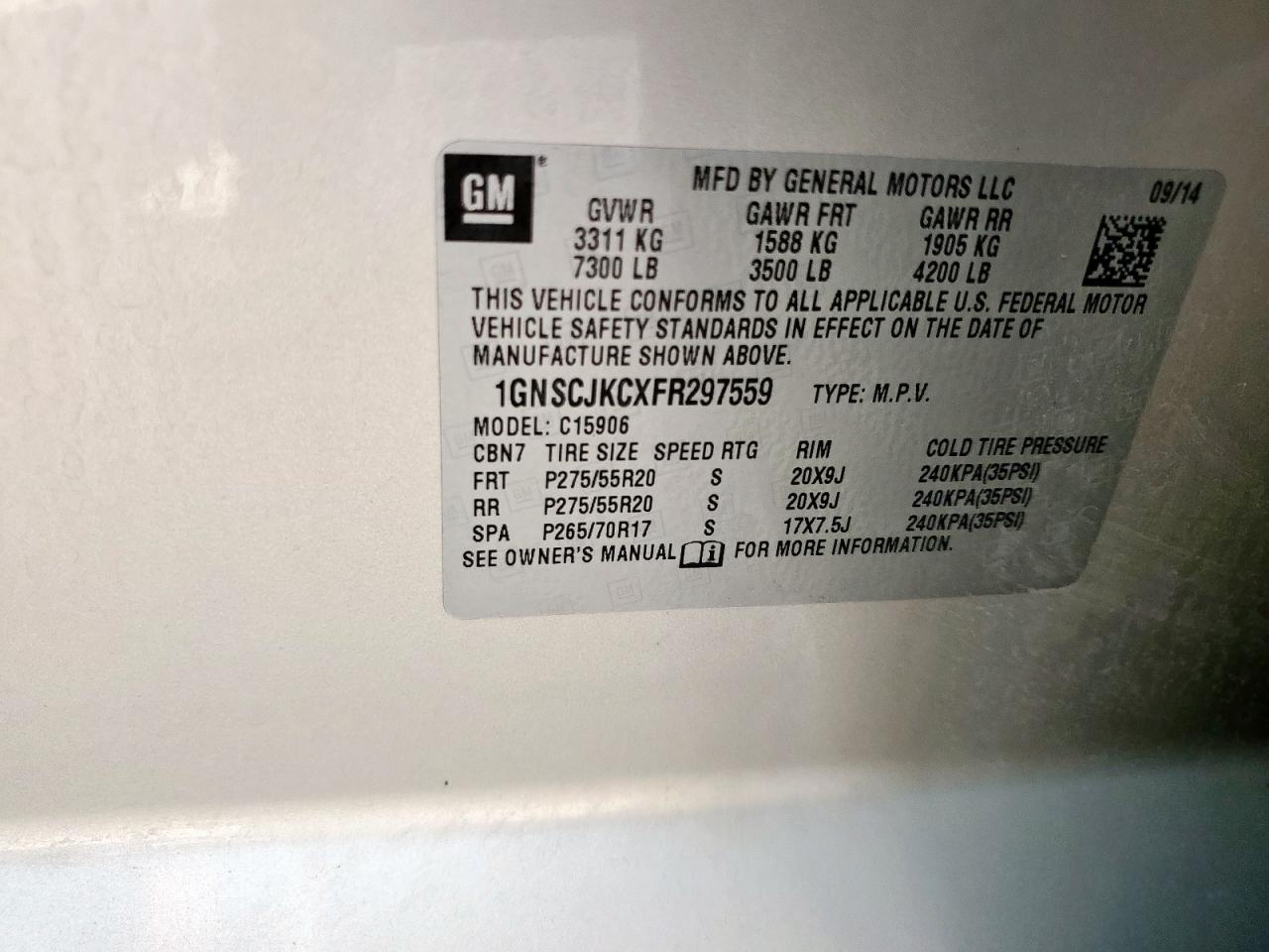 2015 Chevrolet Suburban C1500 Lt VIN: 1GNSCJKCXFR297559 Lot: 82297545