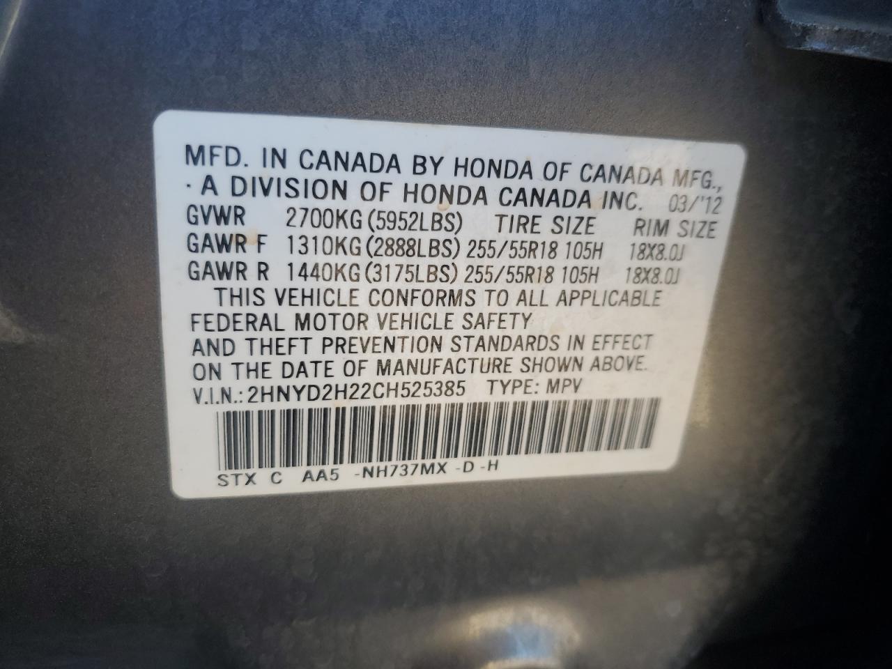 2012 Acura Mdx VIN: 2HNYD2H22CH525385 Lot: 80759245