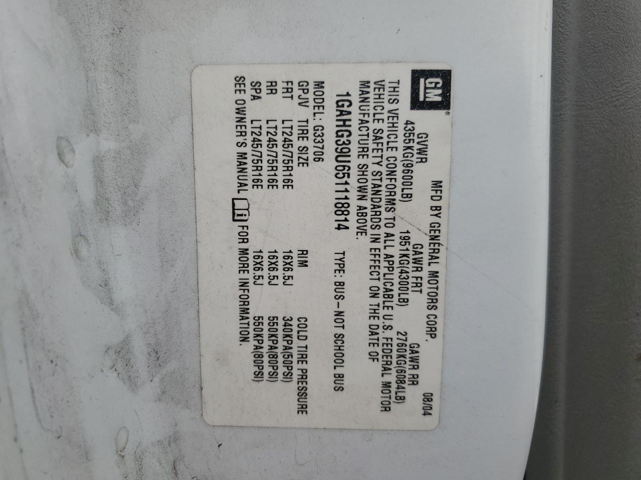 2005 Chevrolet Express G3500 VIN: 1GAHG39U651118814 Lot: 86552405