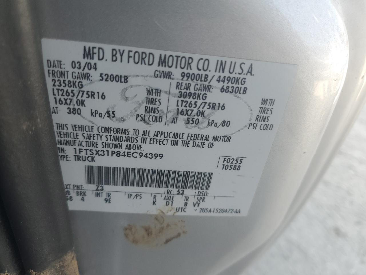 2004 Ford F350 Srw Super Duty VIN: 1FTSX31P84EC94399 Lot: 86291235