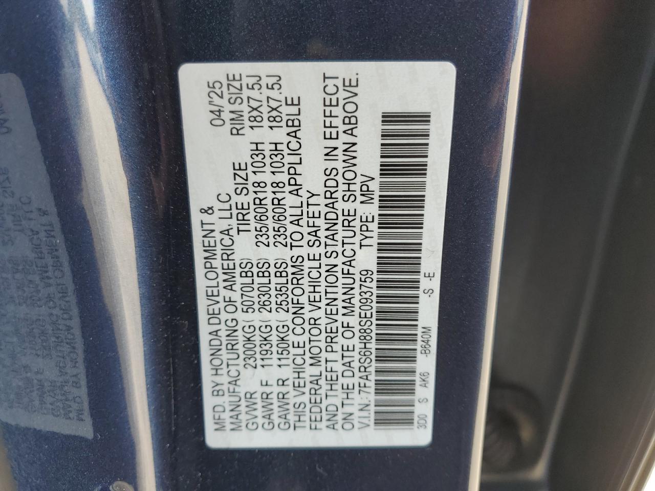 2025 Honda Cr-V Sport-L VIN: 7FARS6H88SE093759 Lot: 85322325