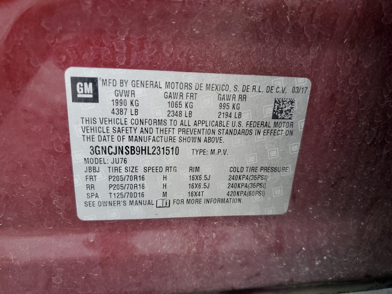 2017 Chevrolet Trax Ls VIN: 3GNCJNSB9HL231510 Lot: 86228145