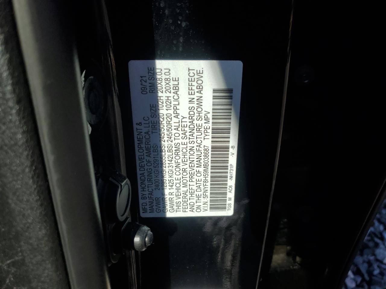 2021 Honda Passport Exl VIN: 5FNYF8H59MB038687 Lot: 87362015