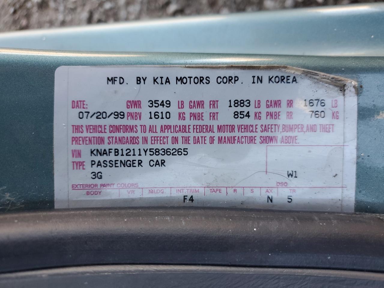 2000 Kia Sephia Base VIN: KNAFB1211Y5836265 Lot: 86290735