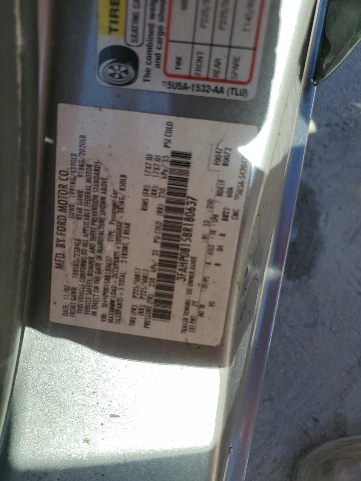 2008 Ford Fusion Sel VIN: 3FAHP08158R180637 Lot: 89833155
