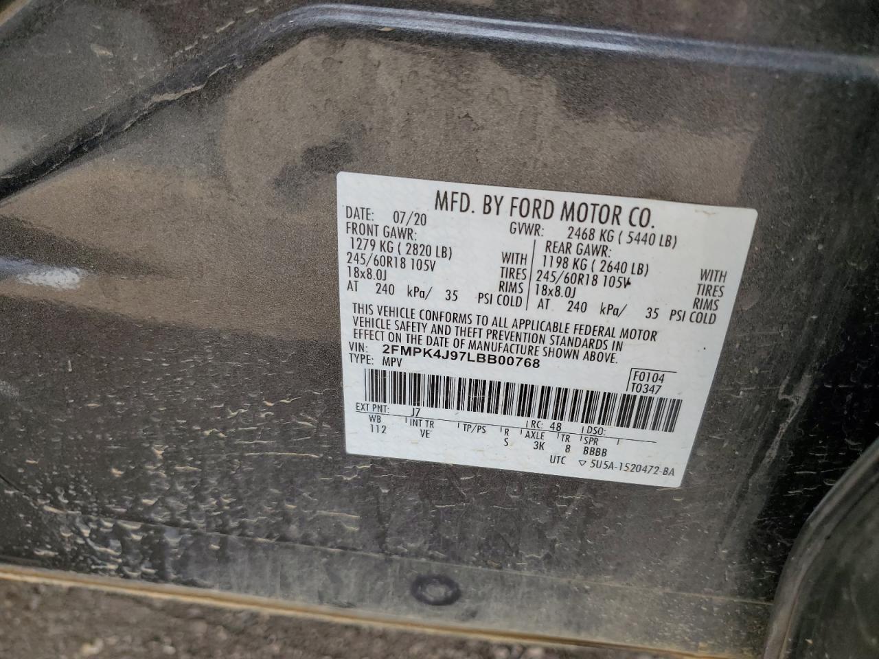 2020 Ford Edge Sel VIN: 2FMPK4J97LBB00768 Lot: 81942995