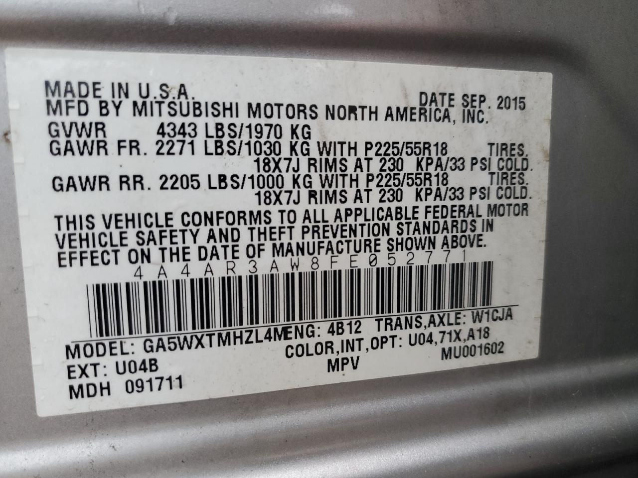 2015 Mitsubishi Outlander Sport Es VIN: 4A4AR3AW8FE052771 Lot: 86082405