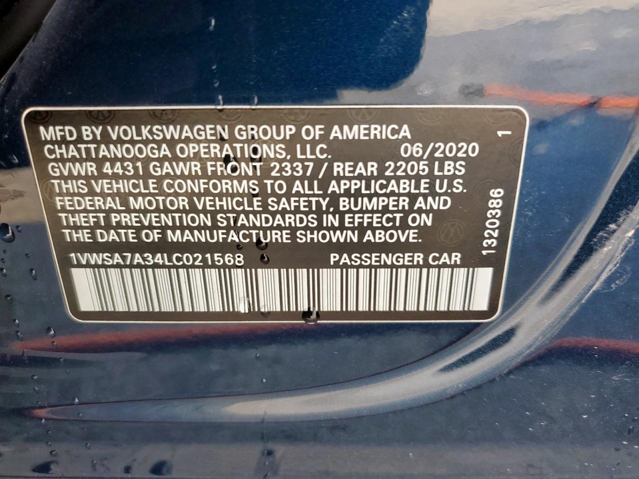 2020 Volkswagen Passat Se VIN: 1VWSA7A34LC021568 Lot: 85936045