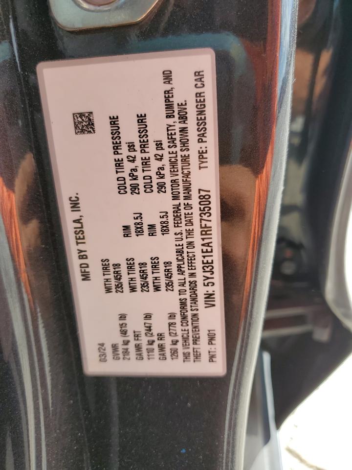 2024 Tesla Model 3 VIN: 5YJ3E1EA1RF735087 Lot: 87484135