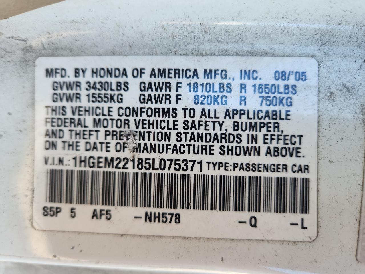 2005 Honda Civic Dx Vp VIN: 1HGEM22185L075371 Lot: 81879325