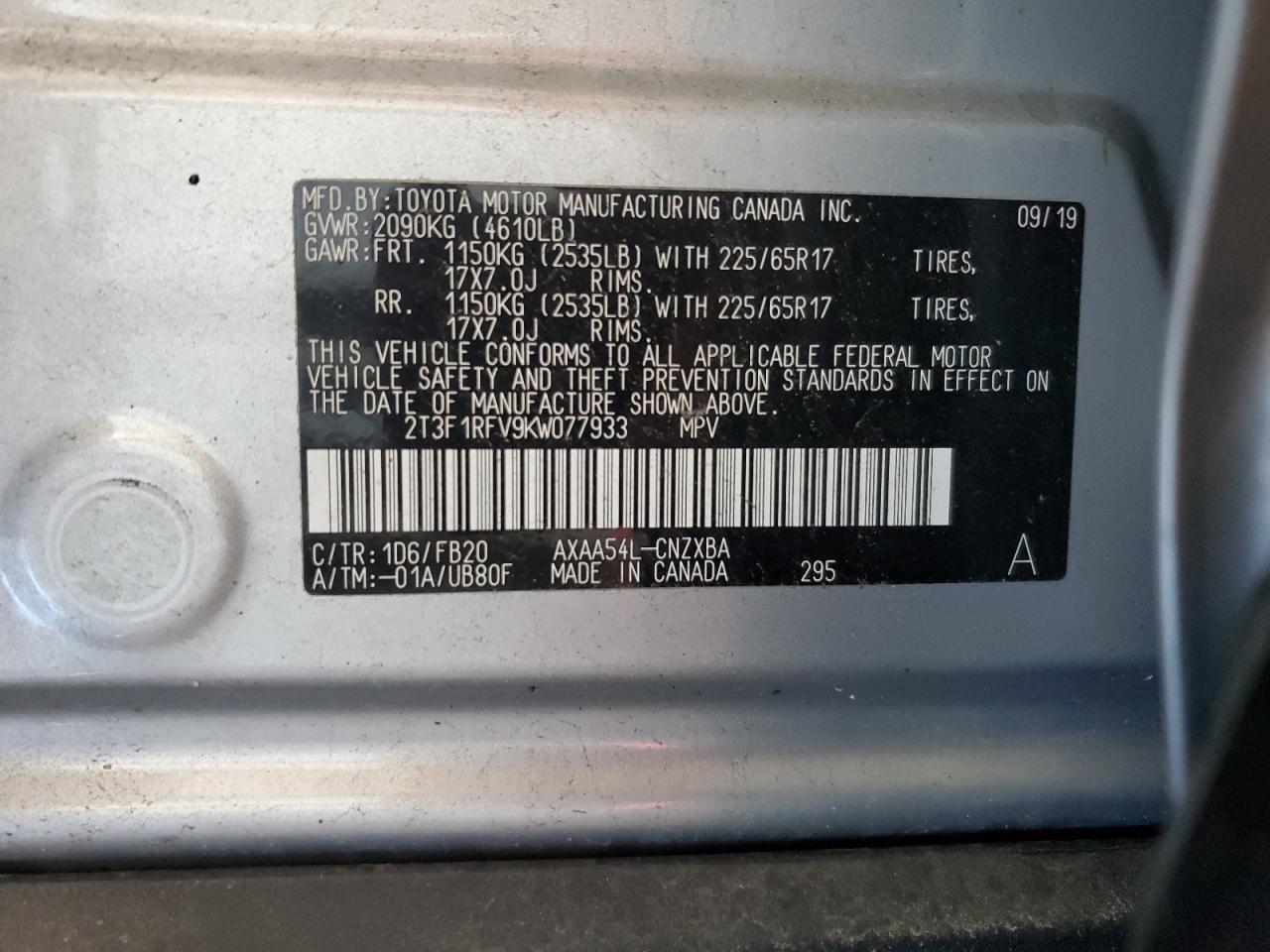 2019 Toyota Rav4 Le VIN: 2T3F1RFV9KW077933 Lot: 84735045