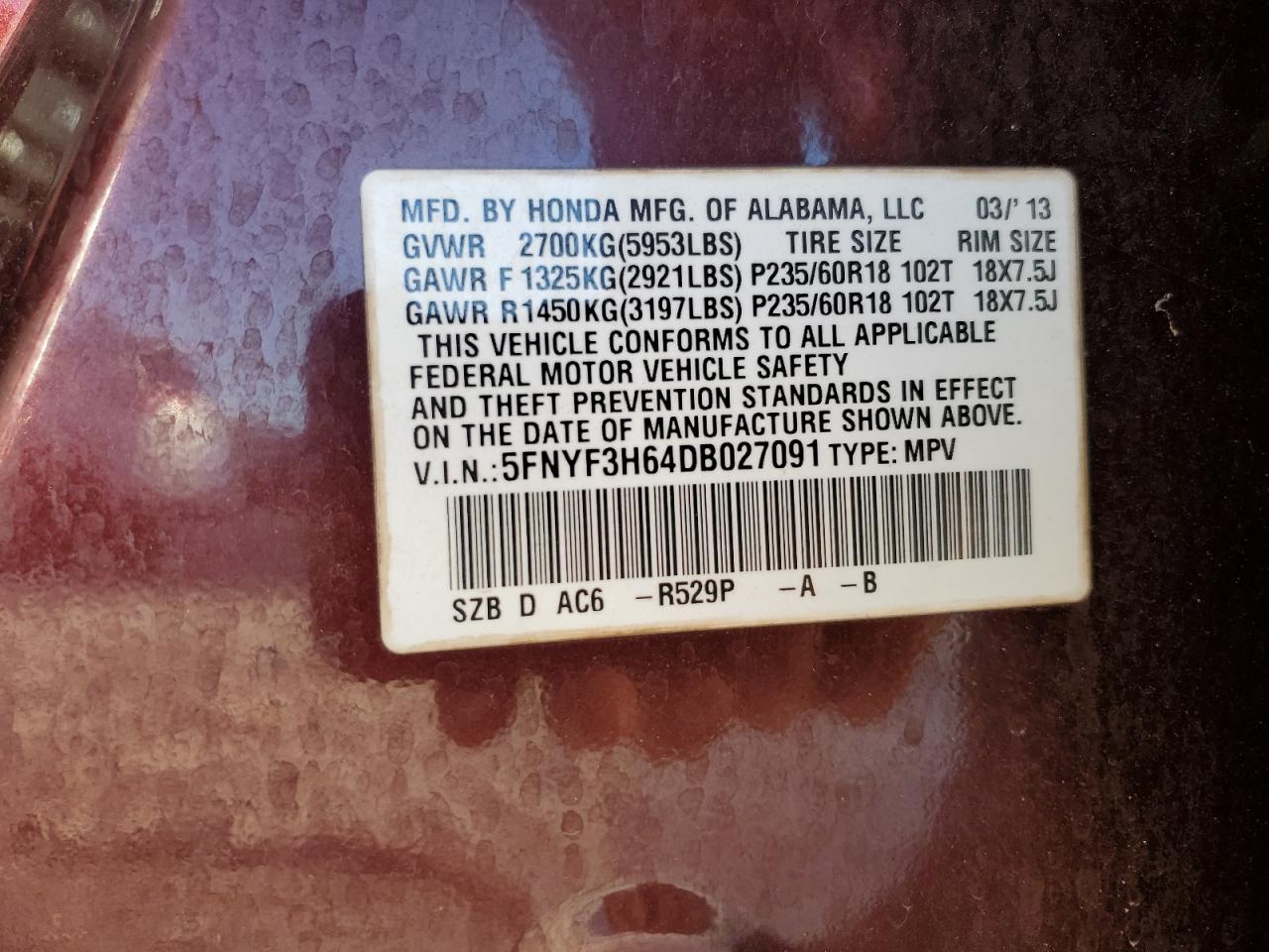 2013 Honda Pilot Exl VIN: 5FNYF3H64DB027091 Lot: 86784945