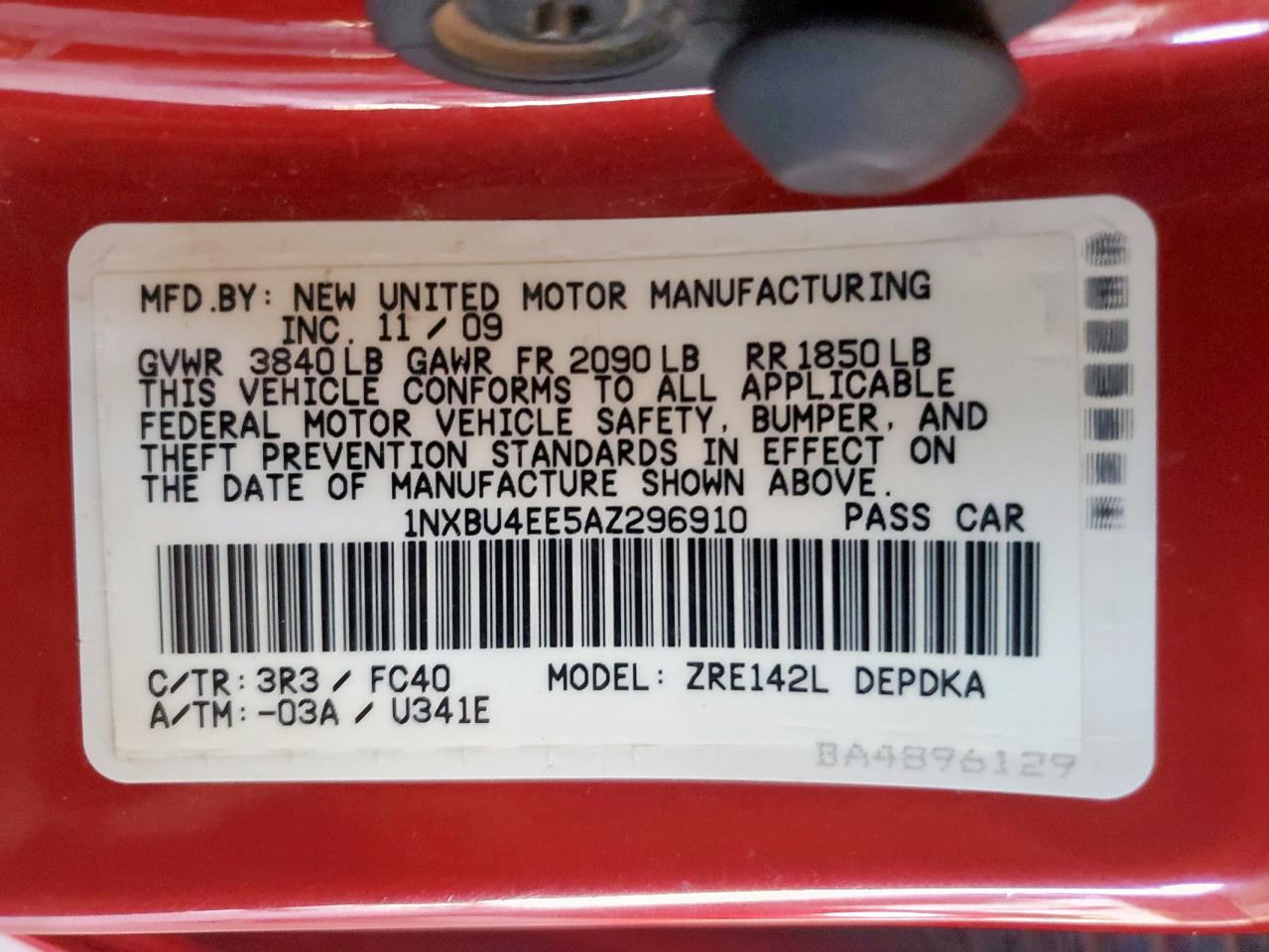 2010 Toyota Corolla Base VIN: 1NXBU4EE5AZ296910 Lot: 82370155