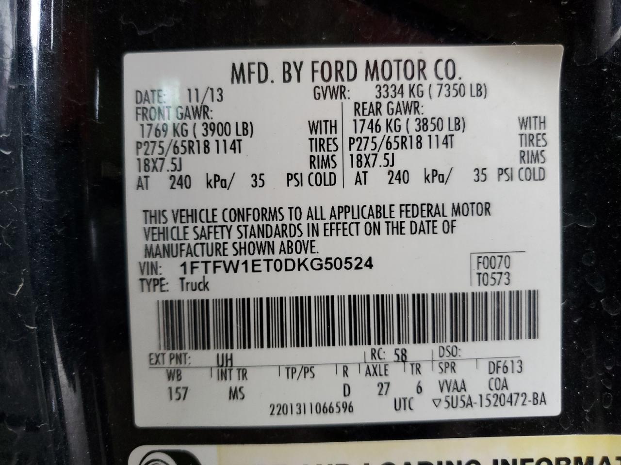 2013 Ford F150 Supercrew VIN: 1FTFW1ET0DKG50524 Lot: 82584935