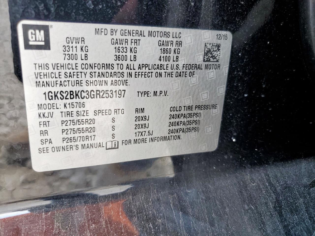 2016 GMC Yukon Slt VIN: 1GKS2BKC3GR253197 Lot: 85154635