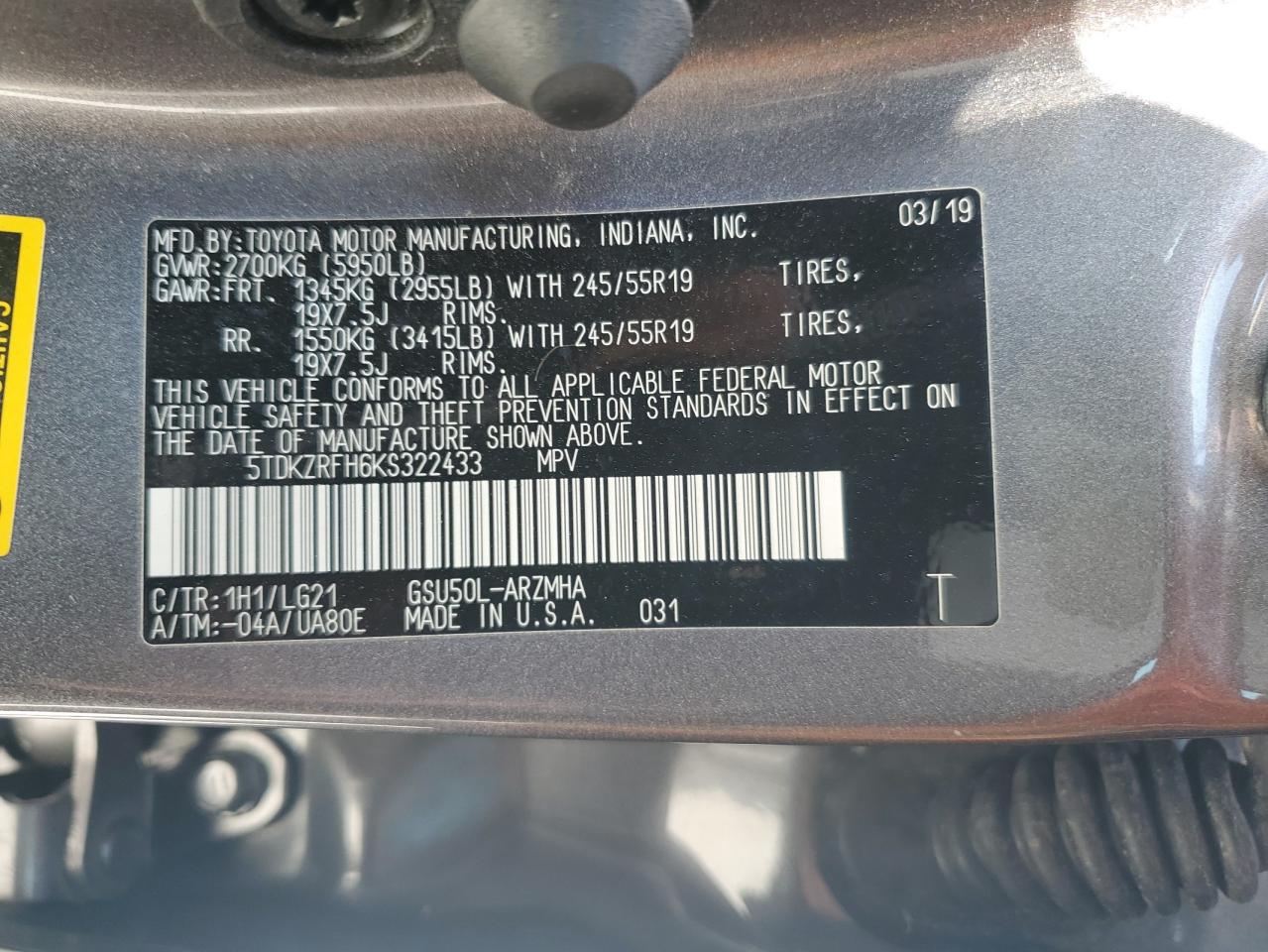 2019 Toyota Highlander Se VIN: 5TDKZRFH6KS322433 Lot: 87110945