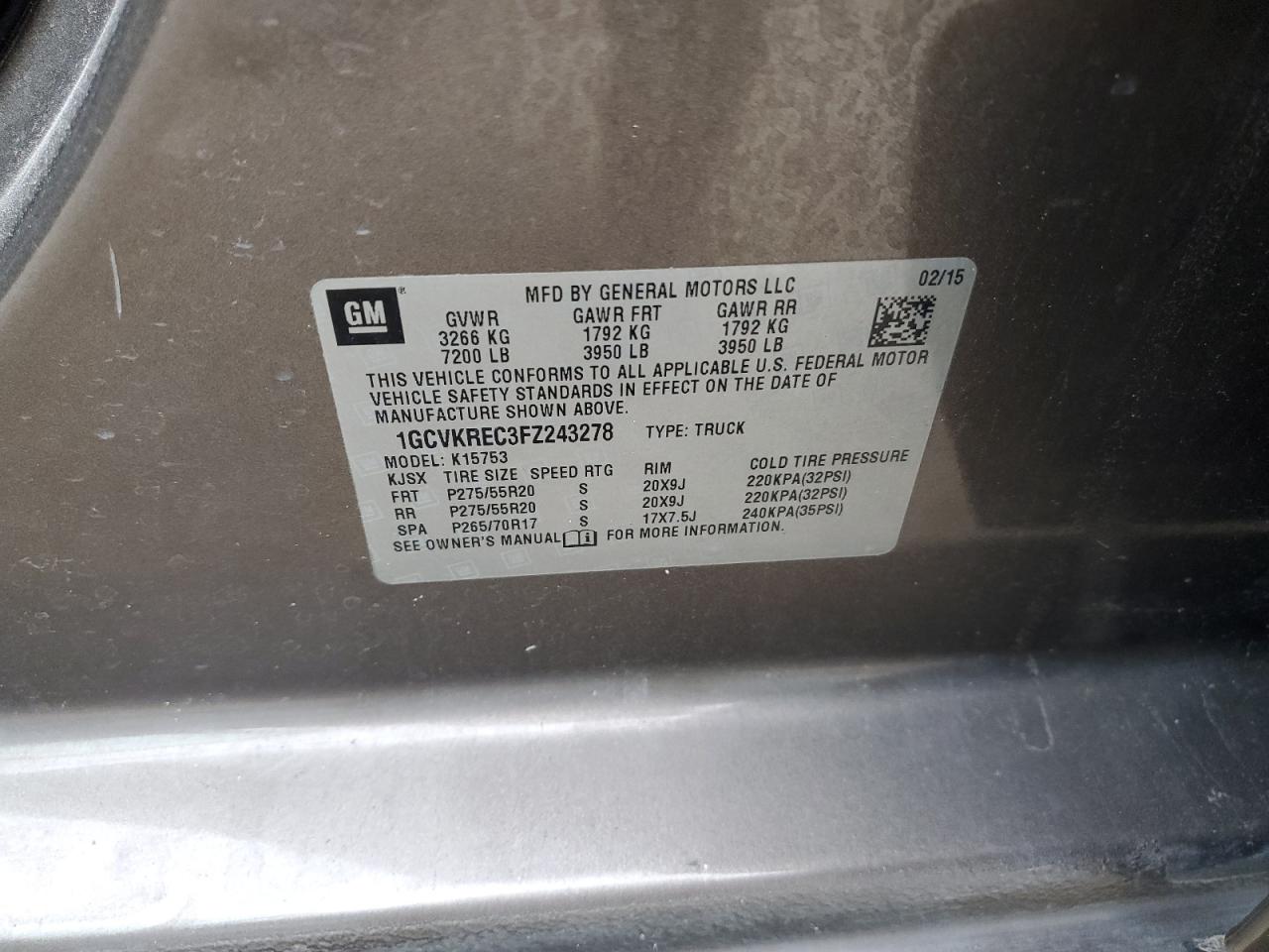 2015 Chevrolet Silverado K1500 Lt VIN: 1GCVKREC3FZ243278 Lot: 82219255