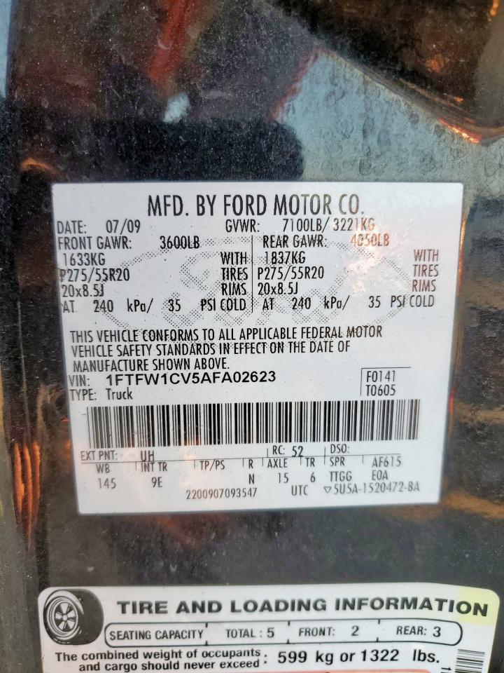 2010 Ford F150 Supercrew VIN: 1FTFW1CV5AFA02623 Lot: 85844485