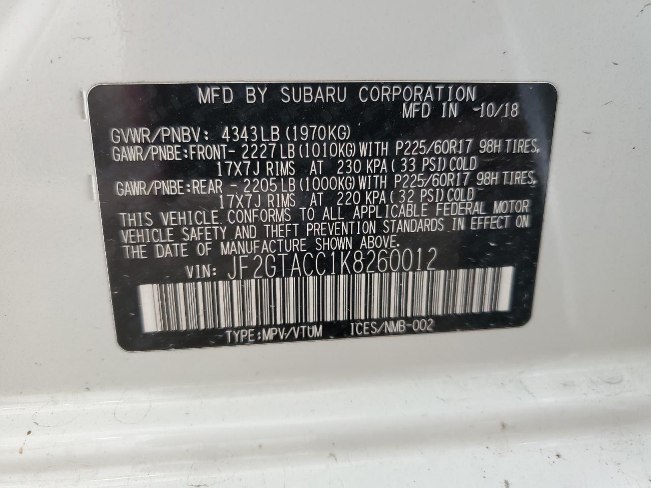 2019 Subaru Crosstrek Premium VIN: JF2GTACC1K8260012 Lot: 85723455