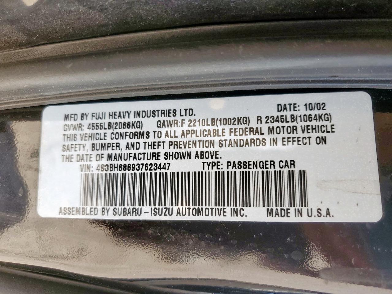 2003 Subaru Legacy Outback Limited VIN: 4S3BH686937623447 Lot: 84885195