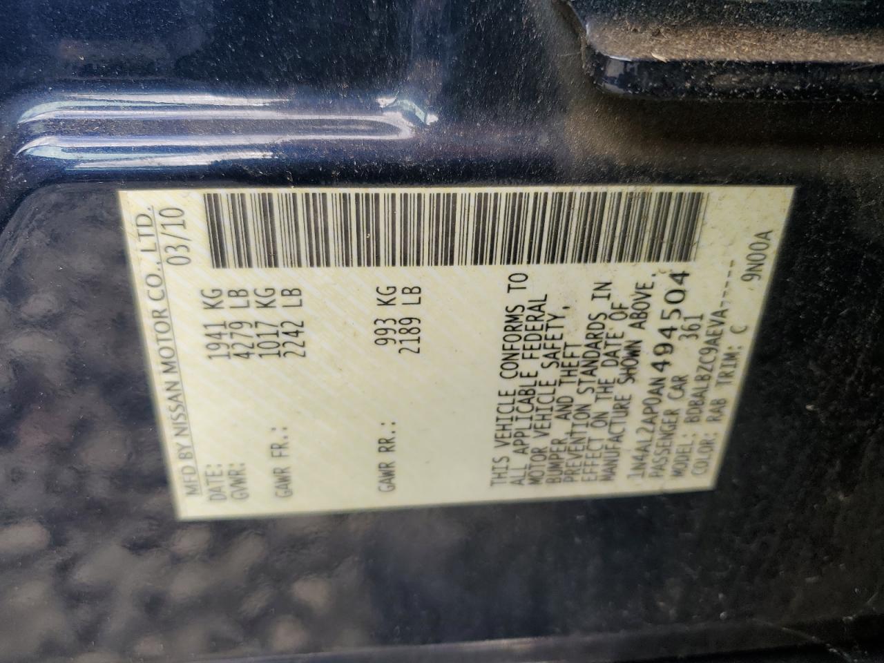 2010 Nissan Altima Base VIN: 1N4AL2AP0AN494504 Lot: 84469415
