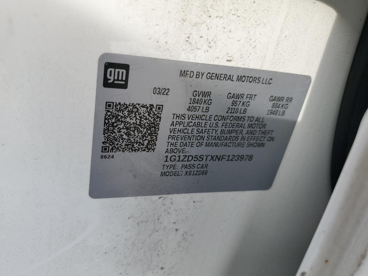 2022 Chevrolet Malibu Lt VIN: 1G1ZD5STXNF123978 Lot: 85097865