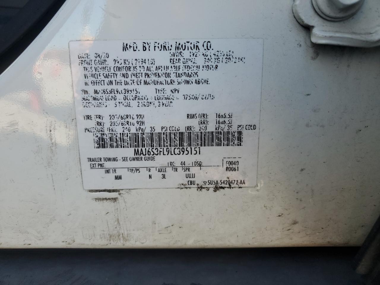2020 Ford Ecosport S VIN: MAJ6S3FL9LC395151 Lot: 82435955