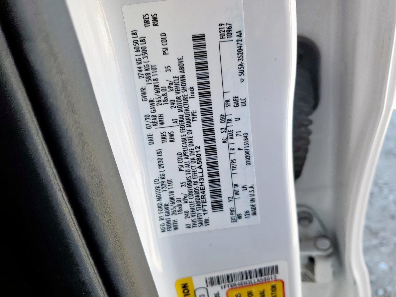 2020 Ford Ranger Xl VIN: 1FTER4EH3LLA58012 Lot: 90491935