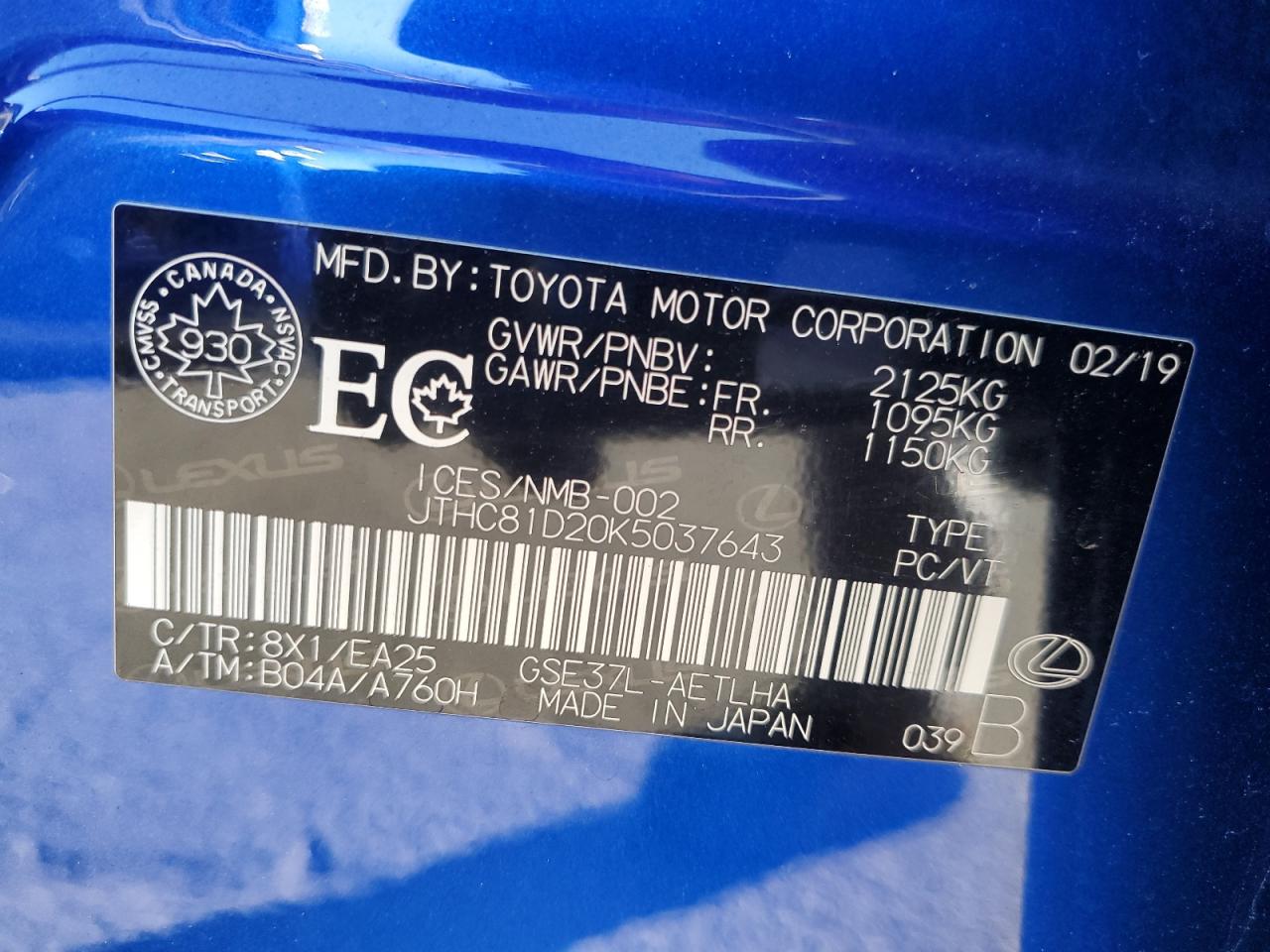 2019 Lexus Is 300 VIN: JTHC81D20K5037643 Lot: 84770245