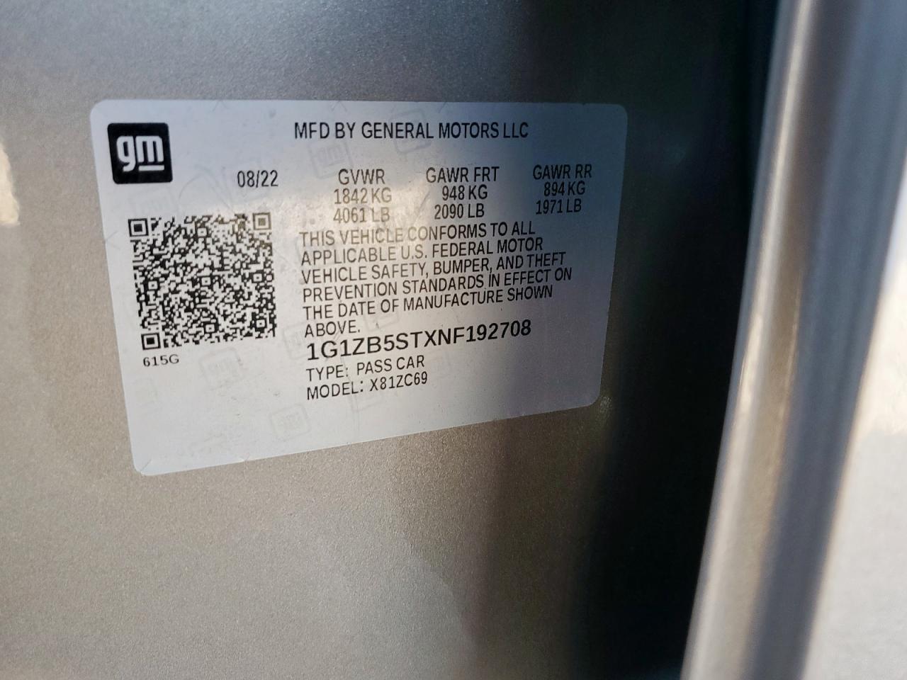 2022 Chevrolet Malibu Ls VIN: 1G1ZB5STXNF192708 Lot: 85870035