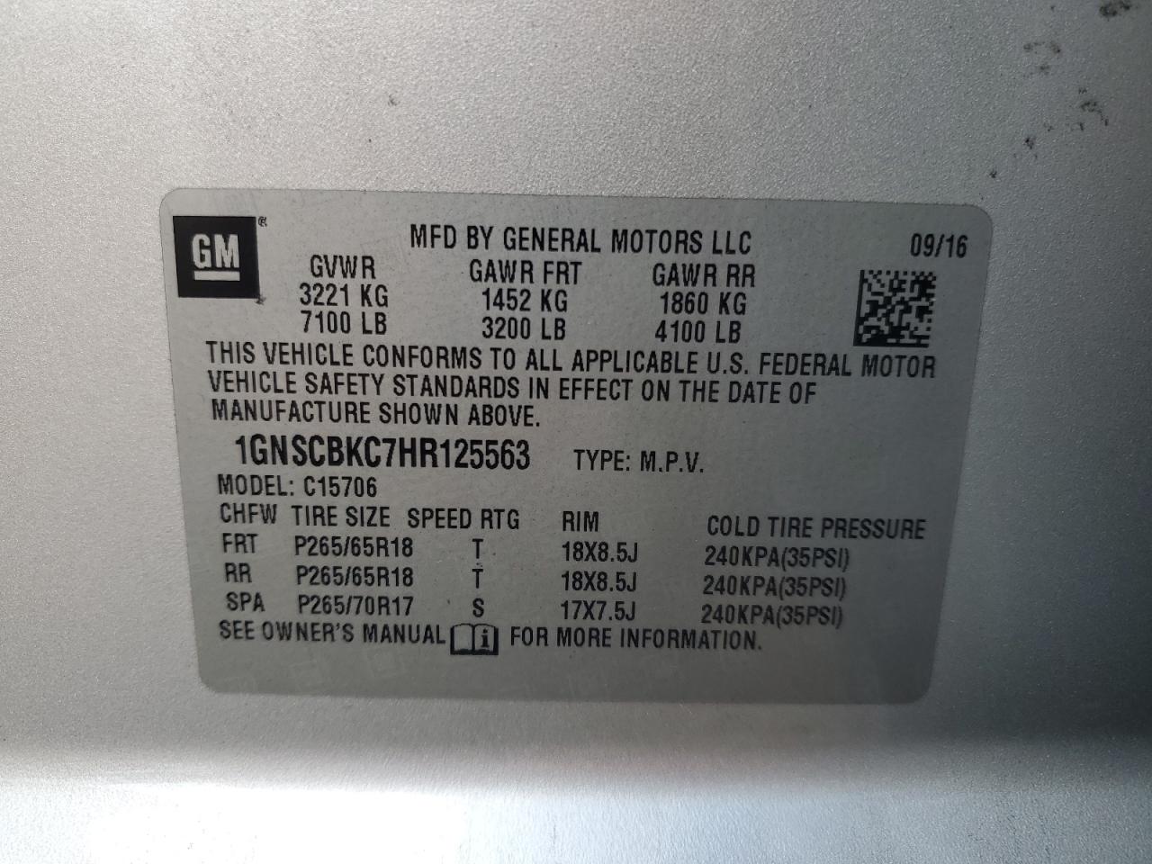 2017 Chevrolet Tahoe C1500 Lt VIN: 1GNSCBKC7HR125563 Lot: 85784775