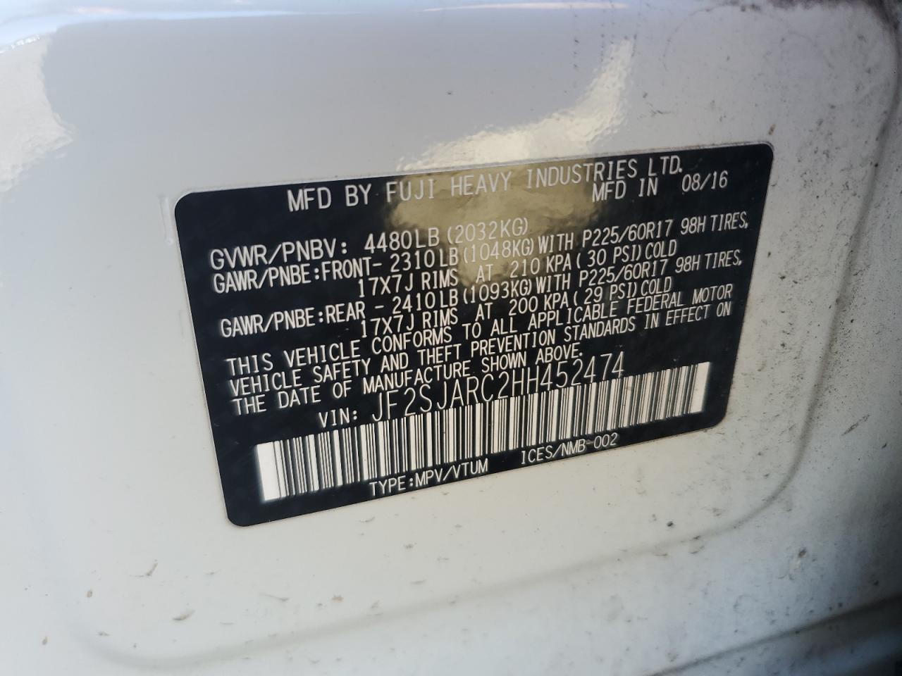 2017 Subaru Forester 2.5I Limited VIN: JF2SJARC2HH452474 Lot: 84210225