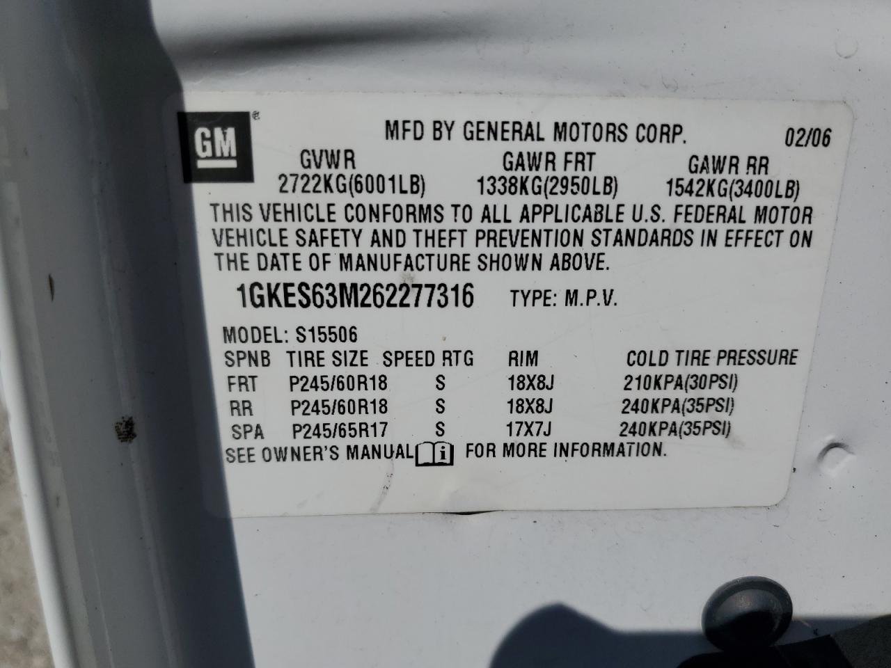 2006 GMC Envoy Denali VIN: 1GKES63M262277316 Lot: 86280655