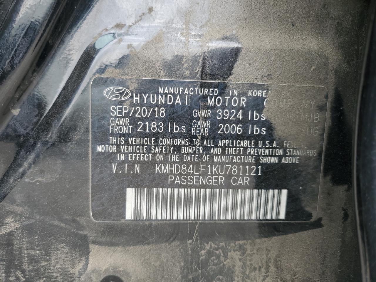 2019 Hyundai Elantra Sel VIN: KMHD84LF1KU781121 Lot: 86114235