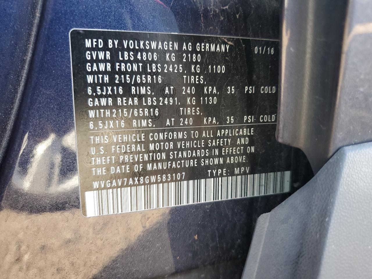 2016 Volkswagen Tiguan S VIN: WVGAV7AX8GW583107 Lot: 81785035