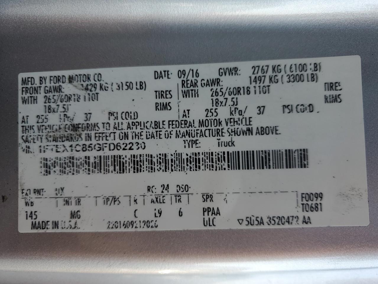 2016 Ford F150 Super Cab VIN: 1FTEX1C85GFD62230 Lot: 85127395