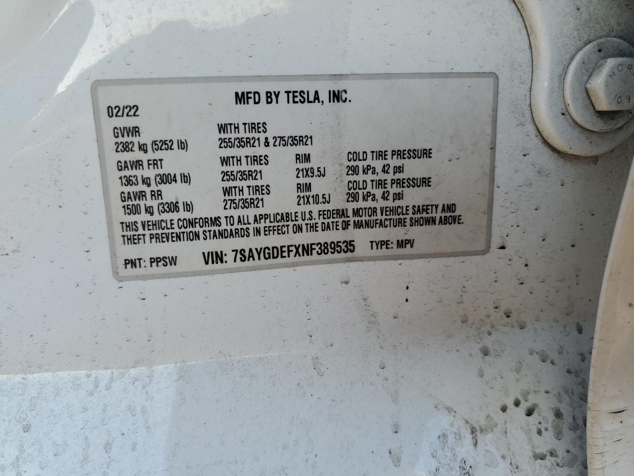 2022 Tesla Model Y VIN: 7SAYGDEFXNF389535 Lot: 90493495