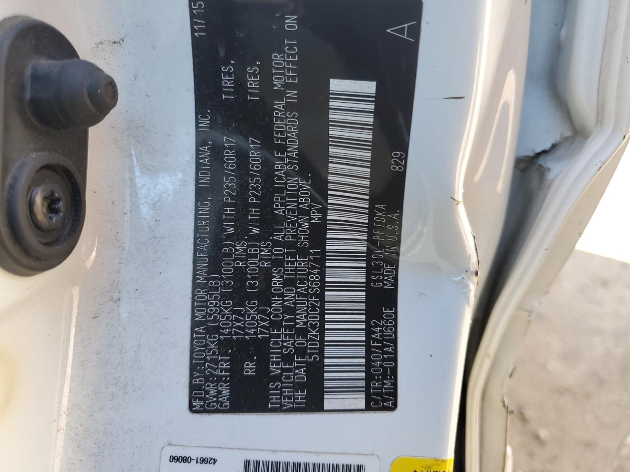 2015 Toyota Sienna VIN: 5TDZK3DC2FS684711 Lot: 82234665