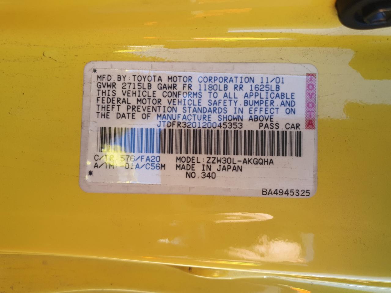 2002 Toyota Mr2 Spyder VIN: JTDFR320120045353 Lot: 81998055