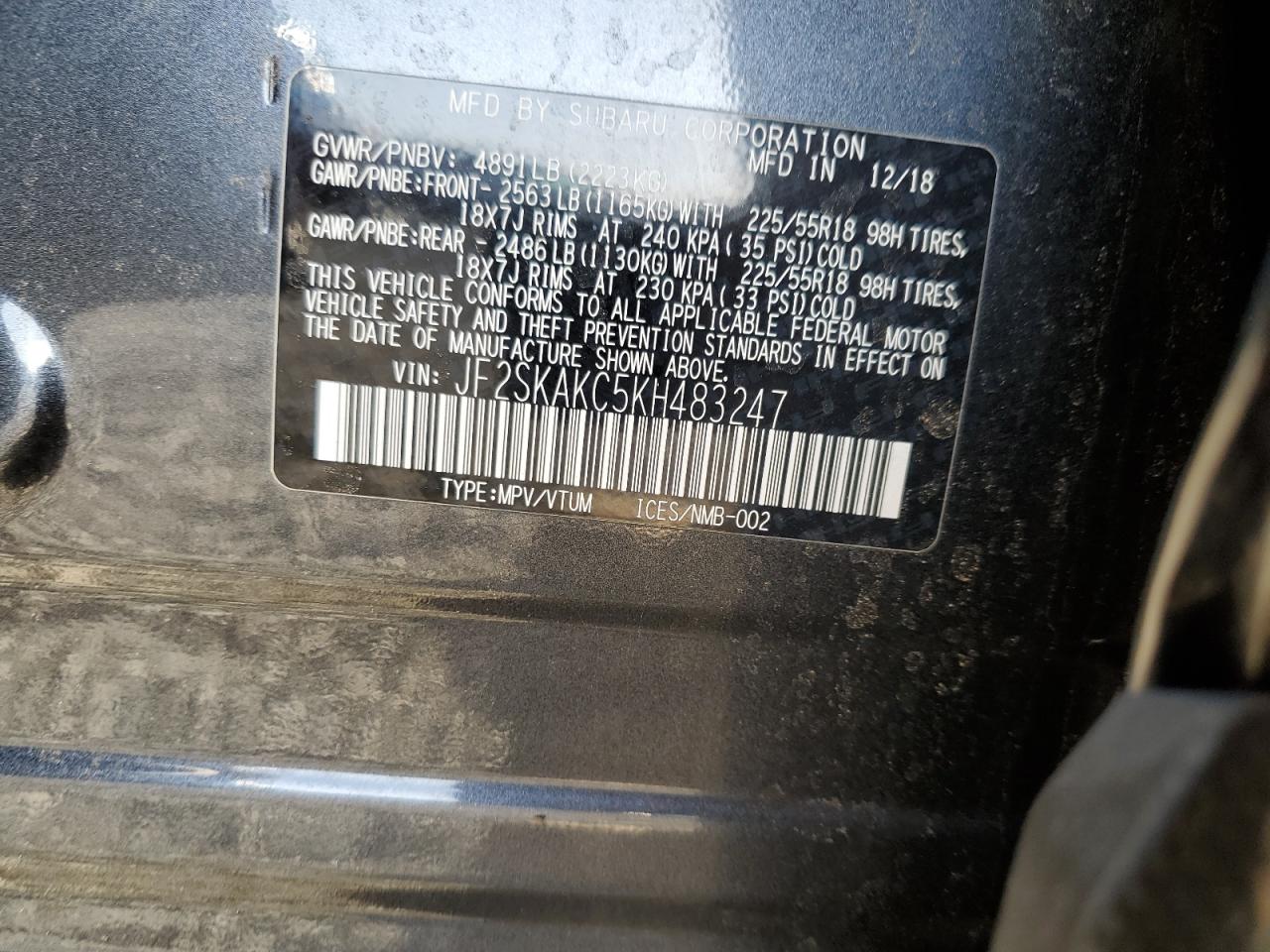 2019 Subaru Forester Sport VIN: JF2SKAKC5KH483247 Lot: 85140875