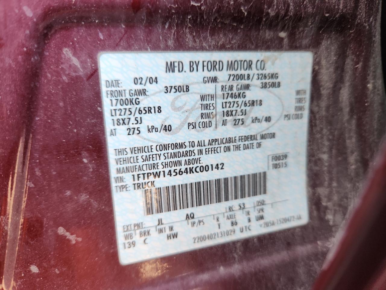 2004 Ford F150 Supercrew VIN: 1FTPW14564KC00142 Lot: 89576965