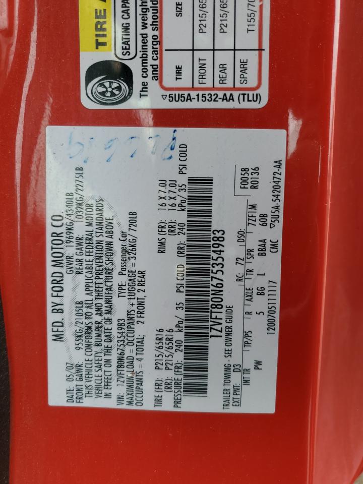 2007 Ford Mustang VIN: 1ZVFT80N675354983 Lot: 85348155