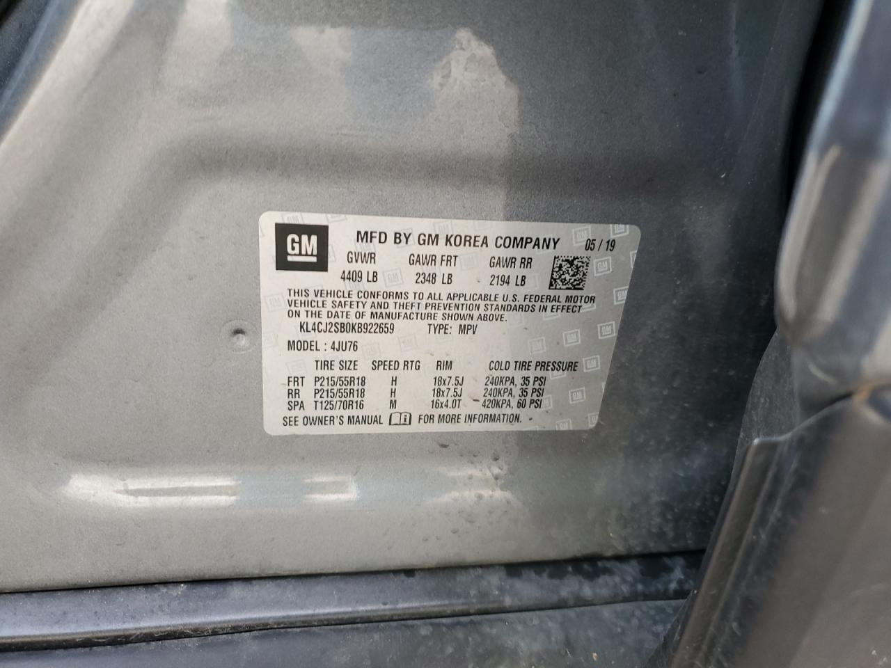 2019 Buick Encore Sport Touring VIN: KL4CJ2SB0KB922659 Lot: 91213645