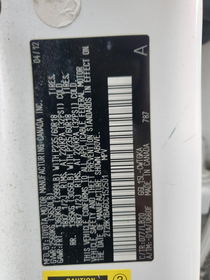 2012 Lexus Rx 350 VIN: 2T2BK1BA6CC152501 Lot: 86172515