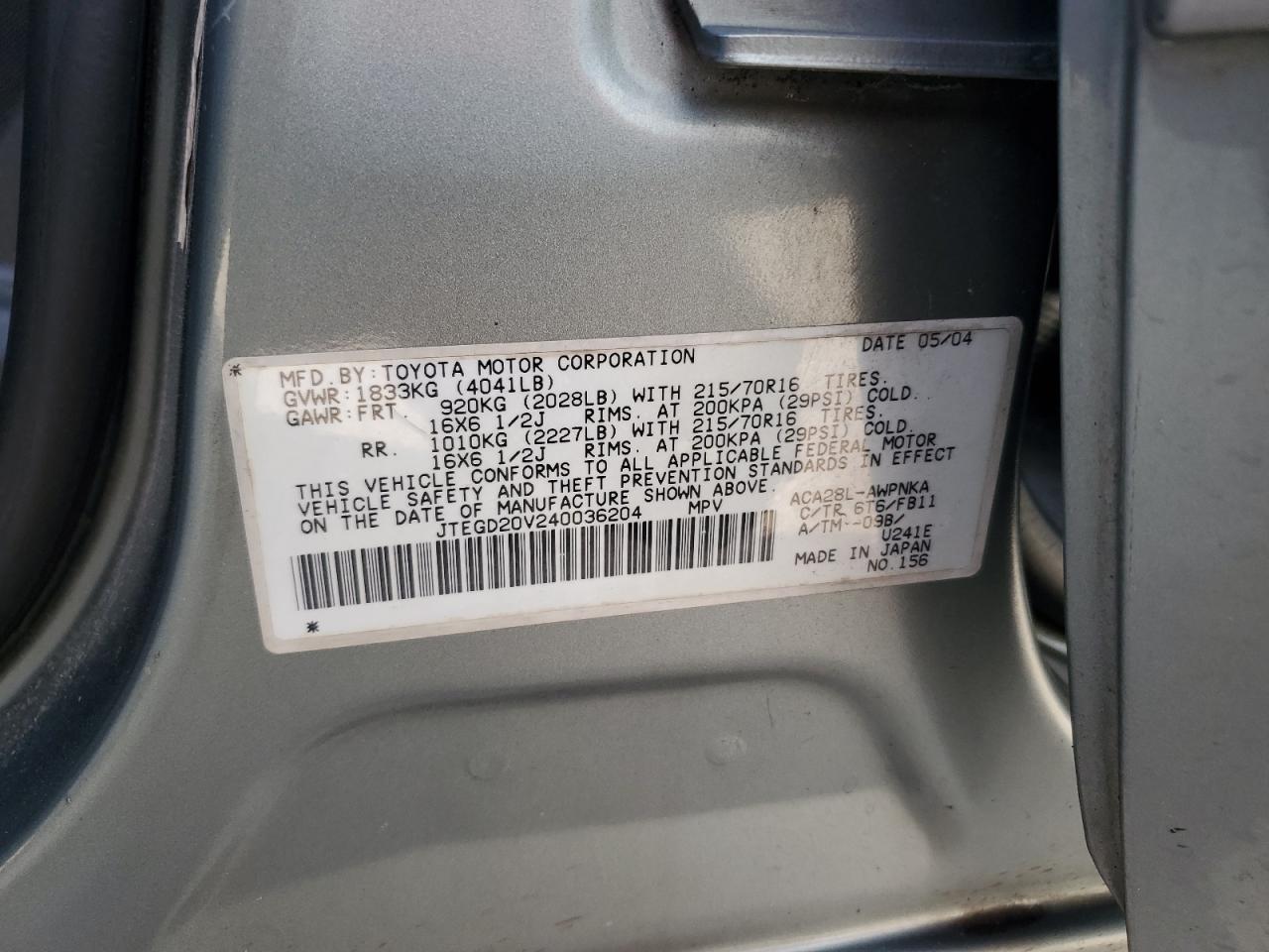 2004 Toyota Rav4 VIN: JTEGD20V240036204 Lot: 82471715